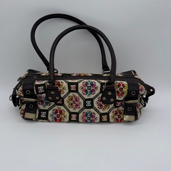 Anthropologie Nest Cross Stitch Embroidery Purse Bag Satchel Leather Handles - Picture 8 of 10